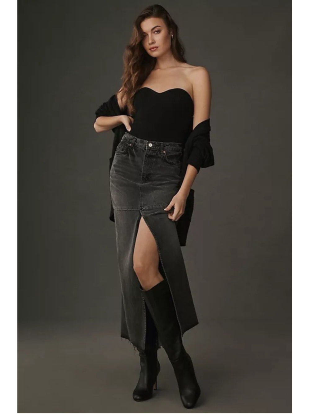 Reformation Skirt Tazz Denim Maxi Center Slit Sz 30 Washed Black Raw Hem Western